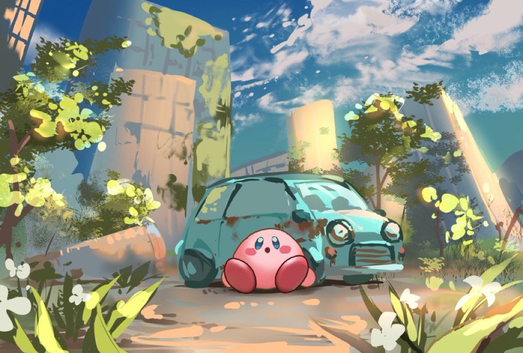 :o akiyama_youkou artist_request blue_eyes blue_sky blush_stickers car check_artist cityscape clouds colored_skin commentary day english_commentary flower kirby kirby_(series) kirby_and_the_forgotten_land looking_up moss motor_vehicle no_humans open_mouth outdoors pink_skin red_footwear ruins shoes sitting sky solo sunlight third-party_source tree white_flower