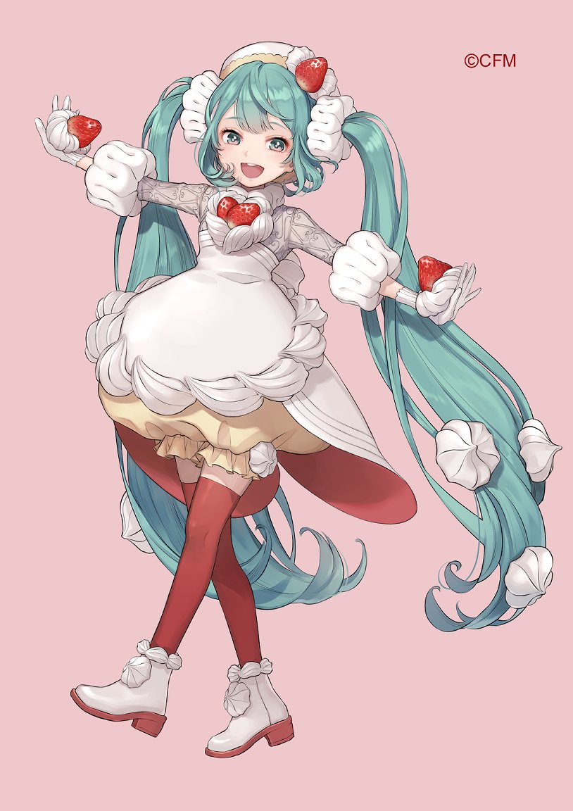 1girl aqua_eyes aqua_hair cherico commentary cream crypton_future_media dress food food-themed_hair_ornament fruit full_body furyu_sweet_sweets_series gloves hair_ornament hatsune_miku high_heels long_hair looking_at_viewer official_art open_mouth outstretched_arms pink_background red_thighhighs short_sleeves smile solo strawberry strawberry_hair_ornament teeth thigh-highs twintails upper_teeth_only very_long_hair vocaloid walking white_dress white_footwear white_gloves white_headwear yellow_bloomers zettai_ryouiki