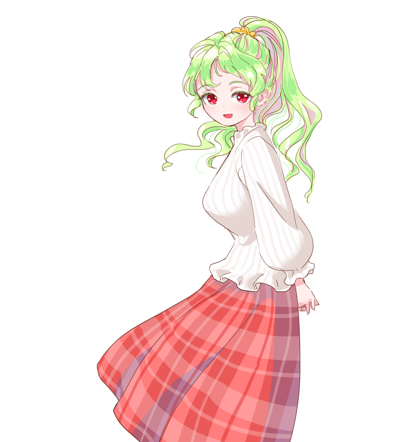 1girl adapted_costume alternate_hairstyle arms_behind_back breasts commentary_request green_hair hair_ornament hair_scrunchie high_ponytail kazami_yuuka large_breasts long_hair long_sleeves open_mouth parted_bangs plaid plaid_skirt red_eyes red_skirt s-a-murai scrunchie skirt smile solo sweater touhou white_background white_sweater wide_ponytail