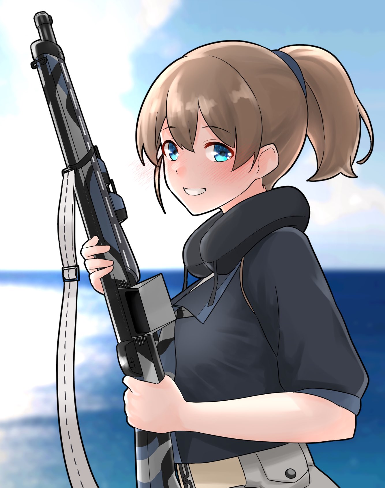 belt_pouch black_shirt blue_eyes blue_sky bolt_action brown_hair clouds commentary_request day furaggu_(frag_0416) gun highres holding holding_gun holding_weapon intrepid_(kancolle) kantai_collection m1903_springfield multicolored_neckerchief neck_pillow outdoors parted_lips ponytail pouch rifle shirt short_hair sky smile translation_request trigger_discipline weapon