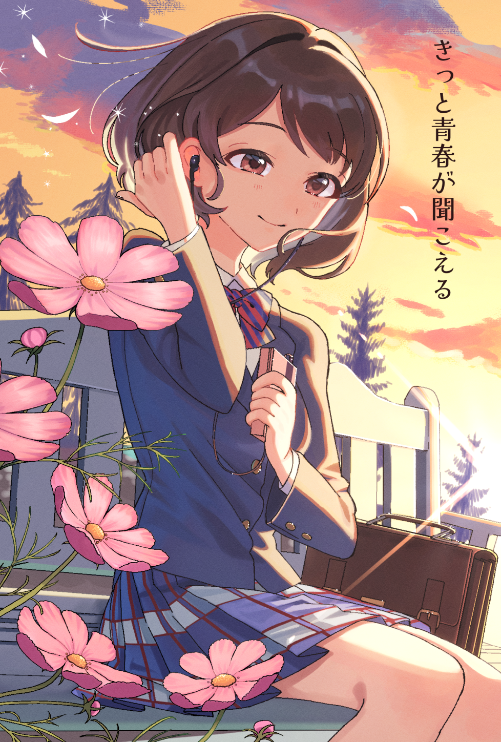 1girl blazer blush bow bowtie brown_hair commentary_request cosmos_(flower) diagonal-striped_bow diagonal-striped_bowtie diagonal_stripes earphones feet_out_of_frame flower hair_tucking highres idolmaster idolmaster_cinderella_girls jacket lvetica nagatomi_hasumi on_bench outdoors plaid plaid_skirt pleated_skirt school_uniform sitting skirt smile solo striped sunlight sunset translation_request