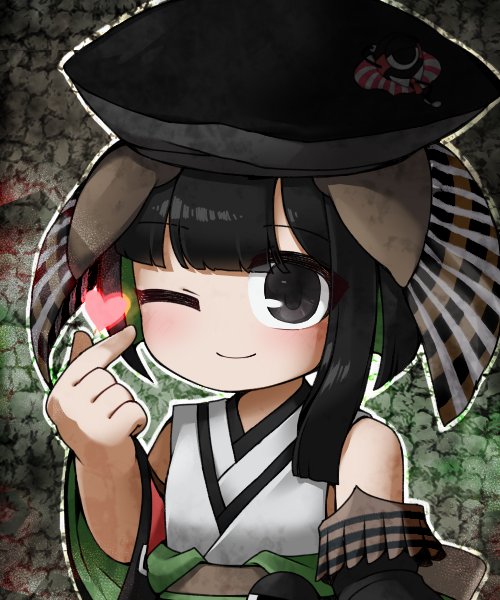 1boy ;) black_eyes black_hair black_headwear black_sleeves closed_mouth colored_inner_hair commentary_request detached_sleeves finger_heart green_hair hat heart indie_virtual_youtuber japanese_clothes kimono male_focus multicolored_hair one_eye_closed sleeveless sleeveless_kimono smile solo tabinoki_kanae virtual_youtuber websci_3357 white_kimono