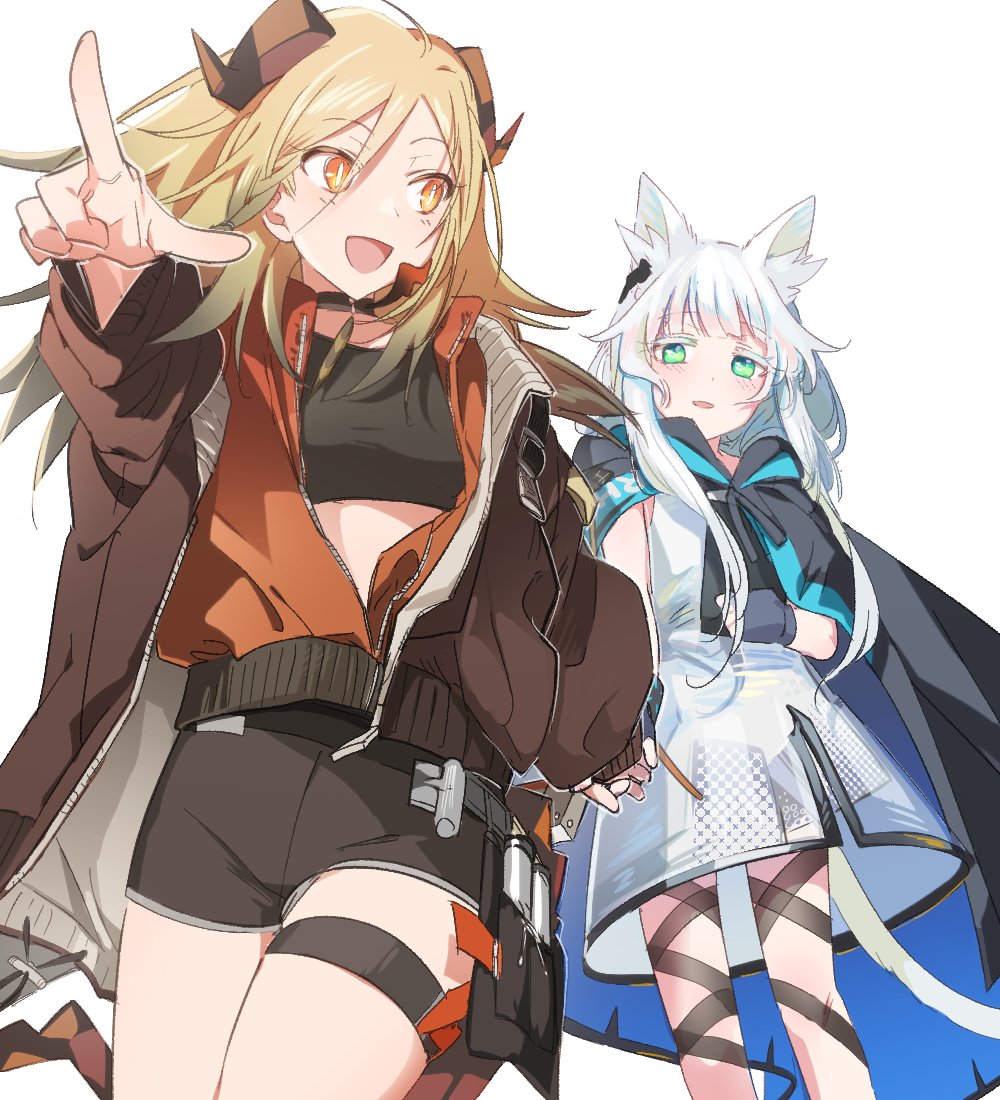 2girls animal_ear_fluff animal_ears arknights black_cape black_gloves black_shirt black_shorts blonde_hair blue_cape blush brown_jacket cape cat_ears cat_girl cat_tail cowboy_shot crop_top demon_horns dress earpiece feather_choker fingerless_gloves gloves hachi32gyi holding_hands horns ifrit_(arknights) jacket long_hair midriff multiple_girls open_clothes open_jacket open_mouth orange_eyes pointing rosmontis_(arknights) shirt shorts sidelocks simple_background tail two-sided_cape two-sided_fabric white_background white_dress white_hair