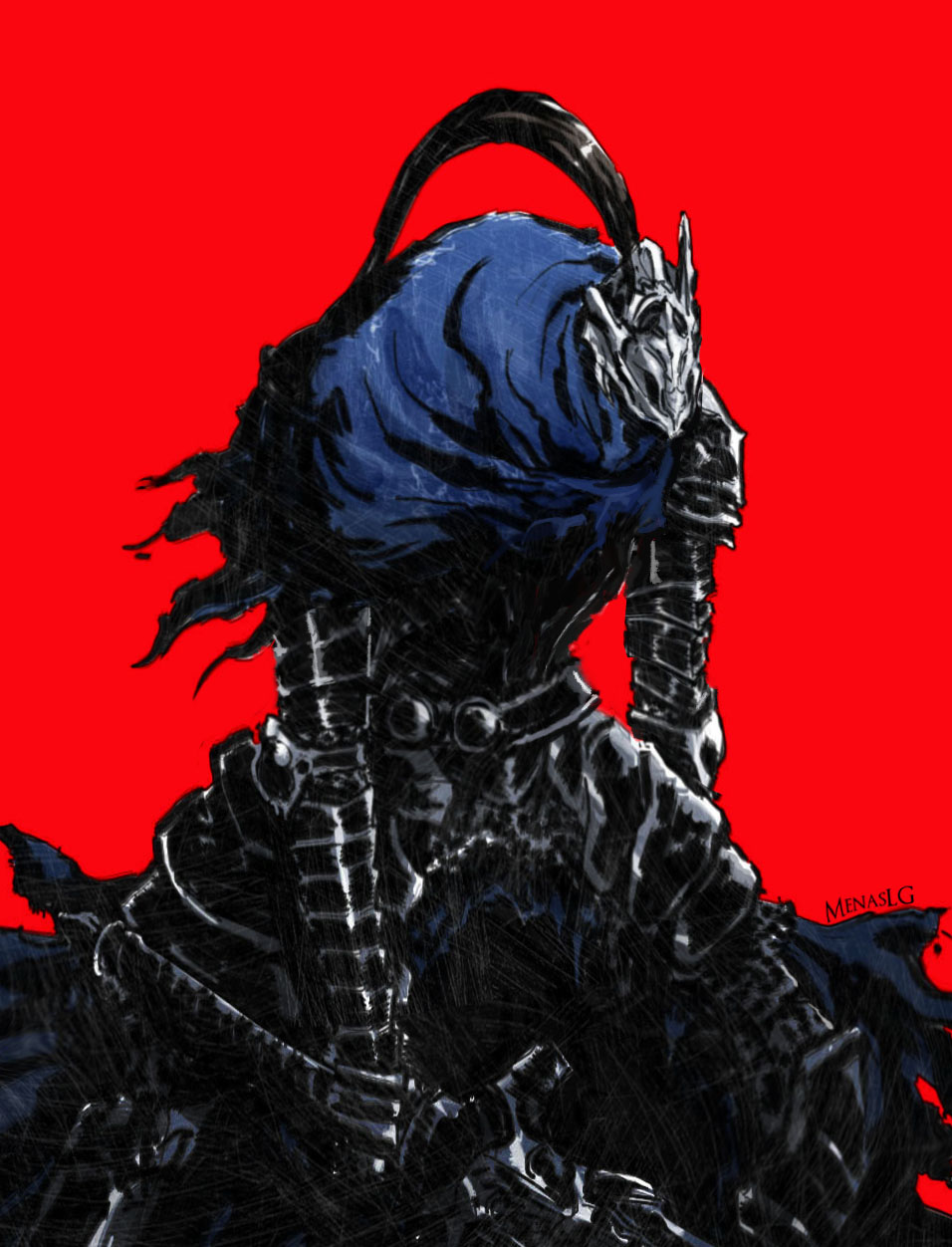 1boy armor artist_name artorias_the_abysswalker cape dark_souls_(series) dark_souls_i full_armor gauntlets helmet highres holding holding_sword holding_weapon knight male_focus menaslg pauldrons red_background shoulder_armor simple_background solo standing sword torn_clothes weapon
