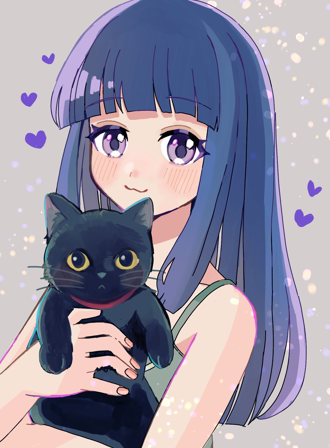1girl :3 animal bare_arms bare_shoulders black_cat blue_hair blunt_bangs blunt_ends blush cat closed_mouth commentary eyelashes fingernails furude_rika grey_background heart highres higurashi_no_naku_koro_ni hime_cut holding holding_animal holding_cat long_hair looking_at_viewer nauka sidelocks sleeveless solo straight_hair symbol-only_commentary upper_body violet_eyes