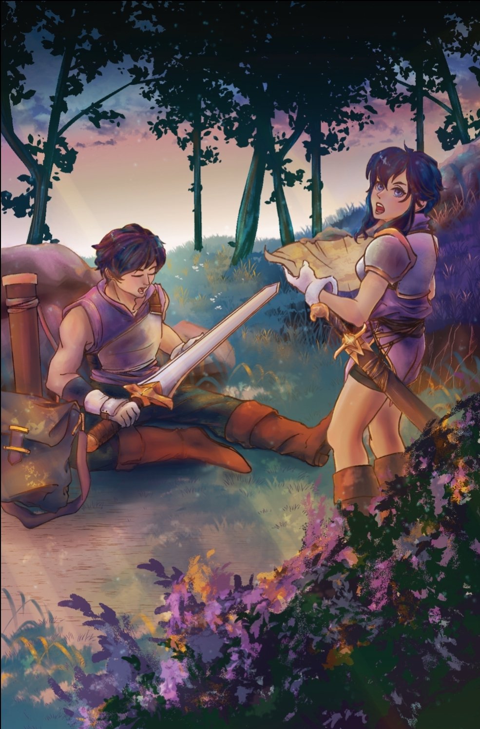 1boy 1girl armor backpack bag black_hair boots breastplate brother_and_sister bush closed_eyes fire_emblem fire_emblem:_genealogy_of_the_holy_war gloves grass haoukno highres holding holding_sword holding_weapon larcei_(fire_emblem) map open_mouth outdoors purple_tunic rock scathach_(fire_emblem) sheath sheathed short_hair shoulder_armor siblings sidelocks sitting sword tree tunic twilight twins weapon