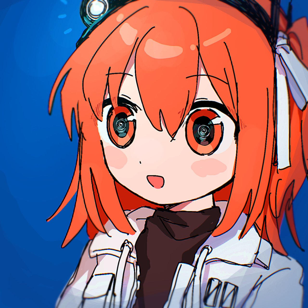 1girl a.i._voice adachi_rei android artificial_eye black_shirt blue_background blush_stickers commentary drawstring hair_ribbon headlamp highres jacket lens_eye long_hair looking_at_viewer mechanical_eye one_side_up open_clothes open_jacket open_mouth orange_eyes orange_hair ribbon shirt simple_background smile solo symbol-only_commentary turtleneck upper_body utau white_jacket white_ribbon yasai_(saisaiya)