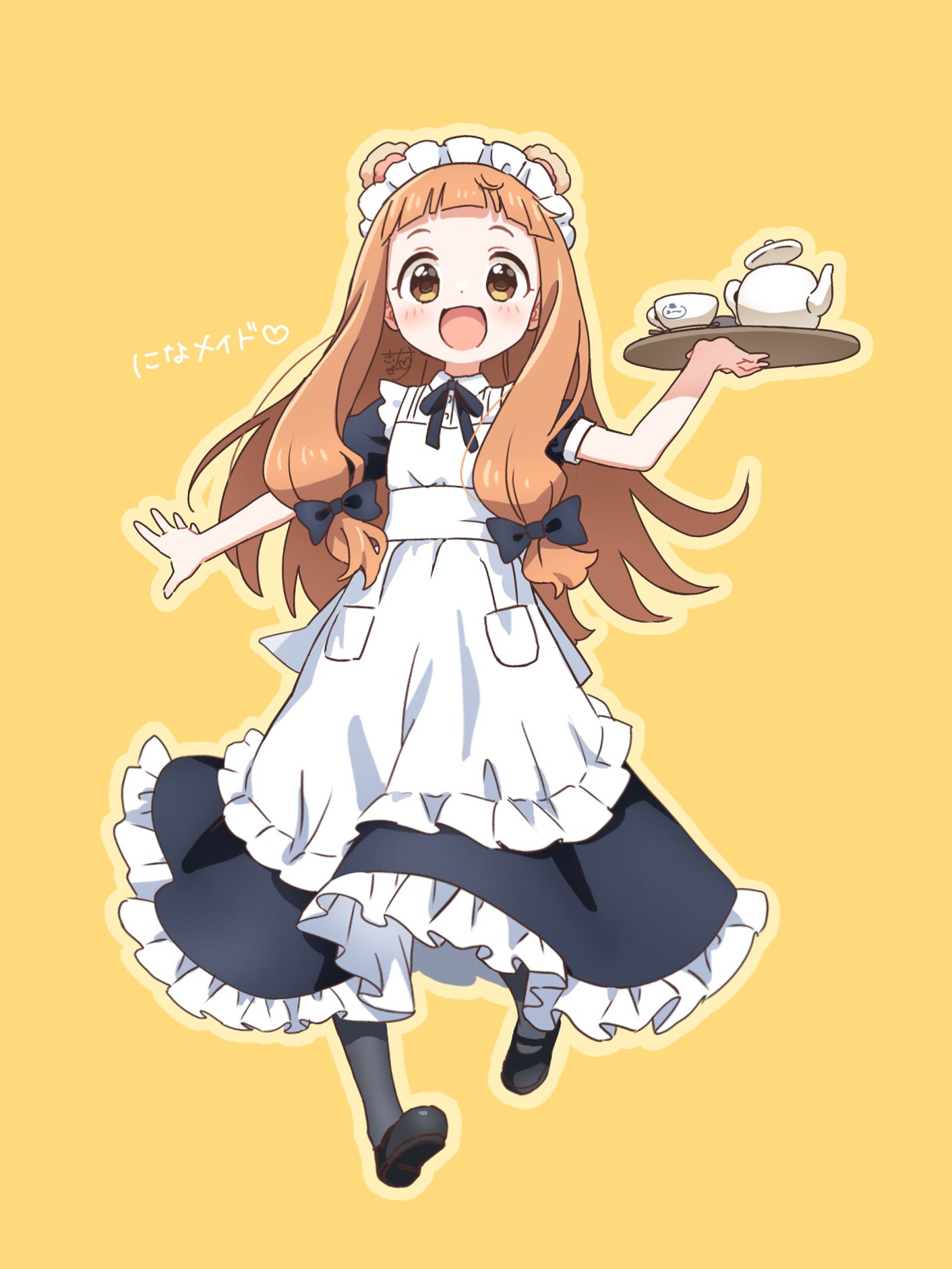 1girl animal_ears apron bear_ears black_dress black_footwear black_pantyhose blunt_bangs brown_eyes child commentary_request cup dress euphoniummatsu fake_animal_ears frilled_apron frilled_dress frills full_body hand_up highres holding holding_tray ichihara_nina idolmaster idolmaster_cinderella_girls idolmaster_cinderella_girls_u149 long_hair looking_at_viewer maid_apron maid_headdress open_mouth orange_background orange_hair pantyhose puffy_short_sleeves puffy_sleeves short_bangs short_sleeves simple_background smile solo teapot tray white_apron