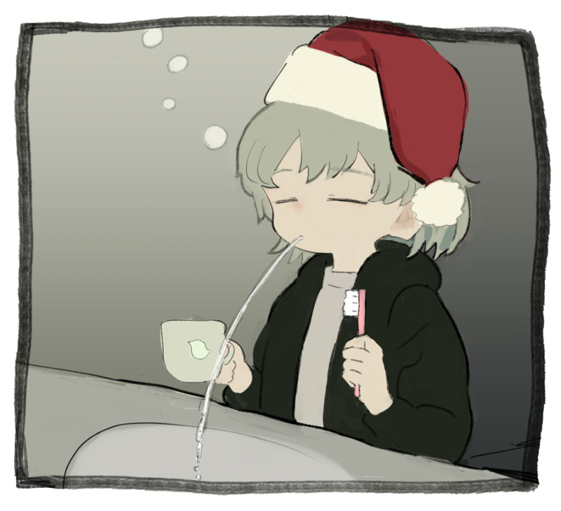 1girl asasow black_hoodie border closed_eyes commentary cup fur-trimmed_headwear fur_trim grey_background grey_hair grey_shirt hat hatoba_tsugu holding holding_cup holding_toothbrush hood hood_down hoodie medium_hair mug open_clothes open_hoodie pom_pom_(clothes) red_headwear santa_hat shirt sink sleep_bubble sleepy solo spitting symbol-only_commentary toothbrush tsugu_(vtuber) virtual_youtuber white_border
