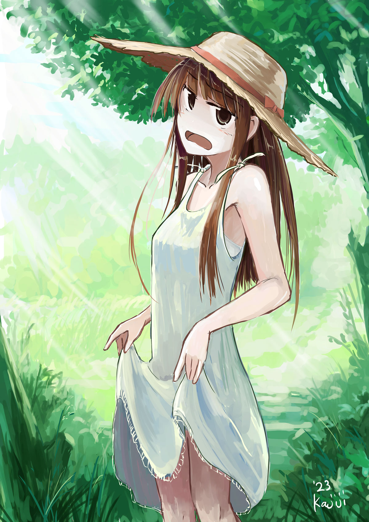 1girl black_eyes blunt_bangs blush bow brown_hair brown_headwear commentary_request cowboy_shot curtsey dated dress grass hat hat_bow highres hime_cut kajiji long_hair looking_at_viewer medium_bangs open_mouth orange_bow original outdoors sidelocks signature smile solo standing straw_hat sundress sunlight tree white_dress