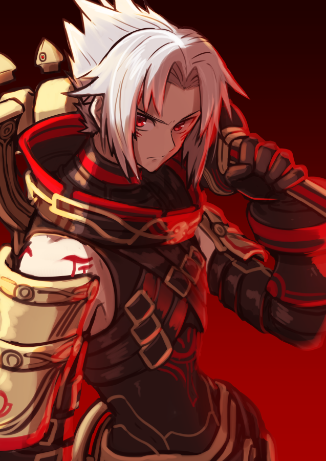 .hack// .hack//g.u. 1boy albino black_gloves buckle closed_mouth cowboy_shot elbow_gloves gloves gradient_background haseo_(.hack//) holding holding_weapon looking_at_viewer male_focus parted_bangs red_background red_eyes rune_(ru-nn) solo spiky_hair standing tattoo weapon white_hair