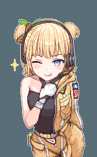 1girl astronaut belt black_shirt blonde_hair blue_eyes blush blush_stickers bodysuit bow breasts brown_bow closed_mouth double_bun gloves hair_bow hair_bun hair_ornament headphones hololive hololive_english looking_at_viewer medium_breasts navel official_alternate_costume official_alternate_hairstyle one_eye_closed pixel_art shirt short_hair simple_background smile solo spacesuit sparkle strapless tongue tongue_out tube_top virtual_youtuber watson_amelia watson_amelia_(astronaut) white_gloves yellow_bodysuit zipper zou_eita