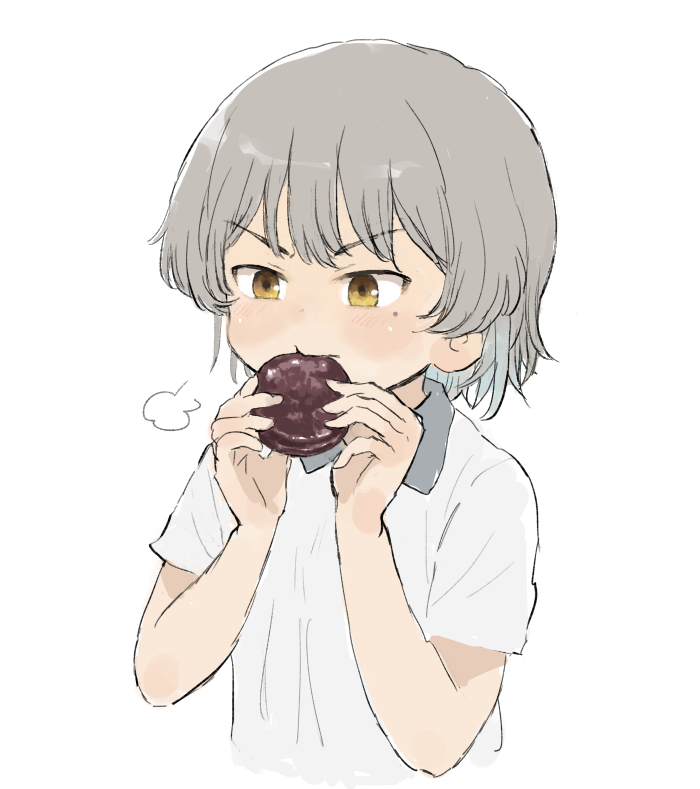 1girl =3 alternate_costume asasow blush brown_eyes collared_shirt commentary_request cropped_torso eating food food_request furrowed_brow grey_hair hands_up hatoba_tsugu holding holding_food mole mole_under_eye shirt short_sleeves simple_background solo tsugu_(vtuber) v-shaped_eyebrows virtual_youtuber white_background white_shirt
