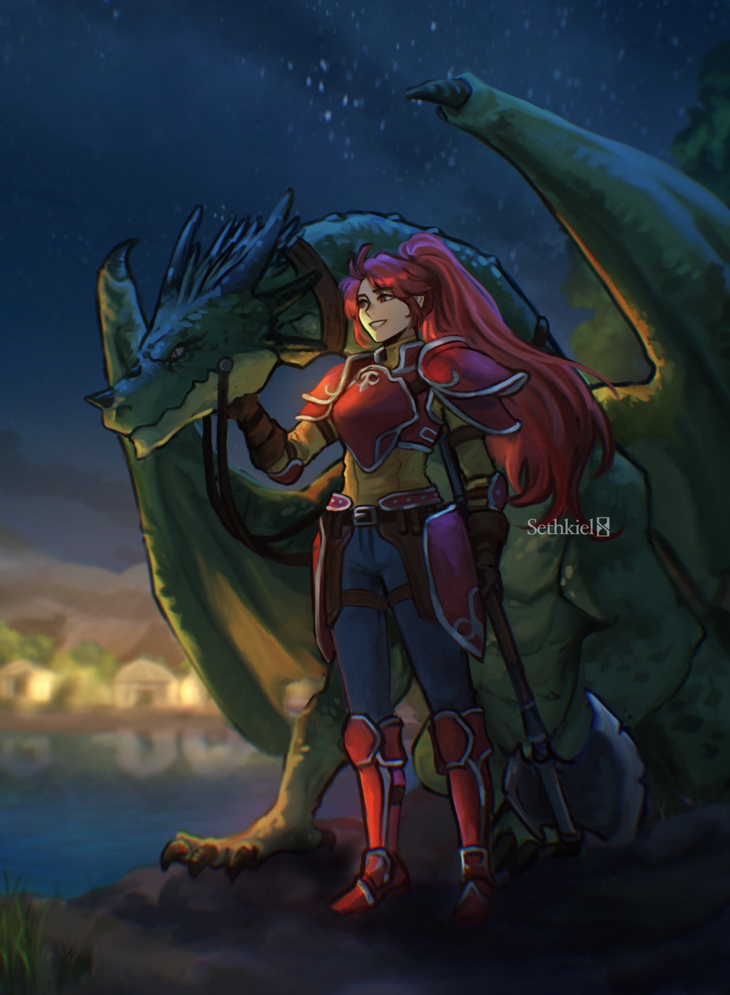 1girl armor armored_boots artist_name axe belt belt_buckle boots breastplate buckle commission dragon english_commentary fire_emblem fire_emblem:_path_of_radiance fire_emblem:_radiant_dawn full_body gloves highres holding holding_axe jill_(fire_emblem) night outdoors pants ponytail red_eyes redhead sethkiel smile solo standing water watermark