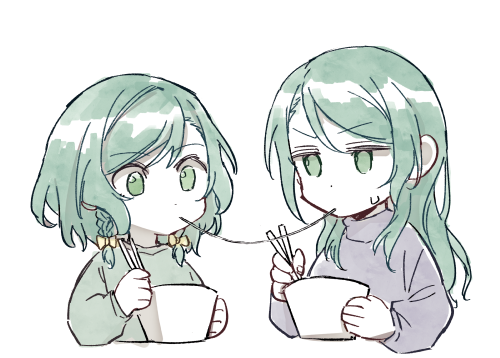 2girls akni bang_dream! bow bowl braid chopsticks commentary_request food green_eyes green_hair green_sweater grey_sweater hair_bow hikawa_hina hikawa_sayo holding holding_bowl holding_chopsticks imminent_kiss incest looking_at_another lowres multiple_girls multiple_hair_bows noodles ramen siblings sisters sweater twin_braids twincest twins yuri