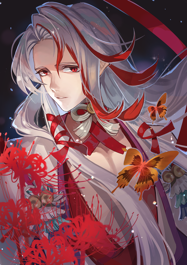 1boy bell black_background bug butterfly chinese_clothes choker flower hair_ribbon jingle_bell long_hair looking_at_viewer male_focus meng_po_tea_(the_tale_of_food) multicolored_hair neck_bell orange_butterfly parted_bangs parted_lips red_choker red_eyes red_flower red_ribbon redhead ribbon robe sennohajime sideways_glance solo spider_lily streaked_hair the_tale_of_food tress_ribbon upper_body white_hair white_robe