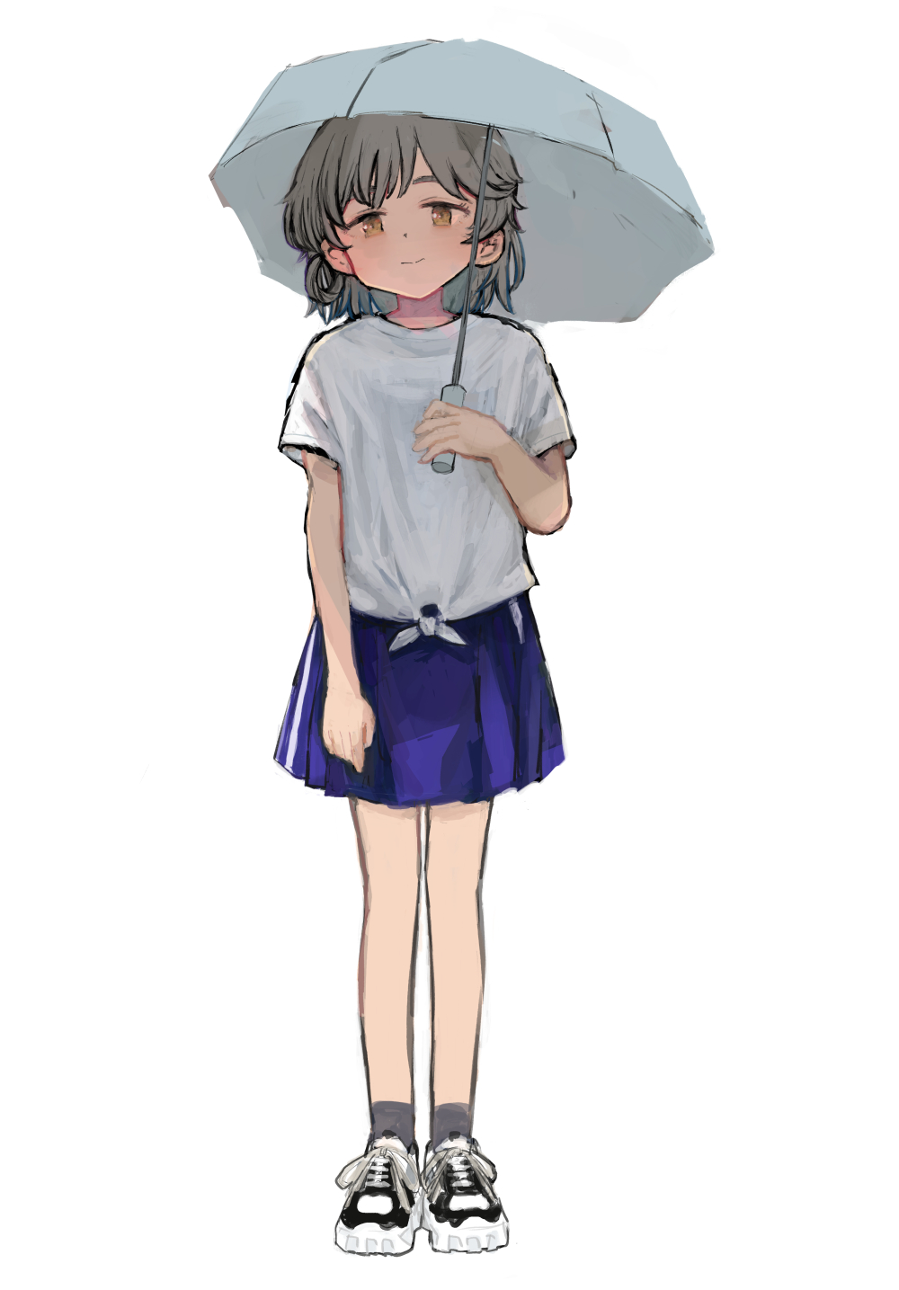 1girl alternate_costume arm_at_side asasow blue_skirt brown_eyes brown_hair closed_mouth colored_inner_hair commentary_request full_body grey_hair grey_socks hatoba_tsugu highres holding holding_umbrella looking_at_viewer medium_hair multicolored_hair shirt shoes short_sleeves simple_background single_hair_ring skirt smile sneakers socks solo standing tied_shirt tsugu_(vtuber) umbrella virtual_youtuber white_background white_shirt