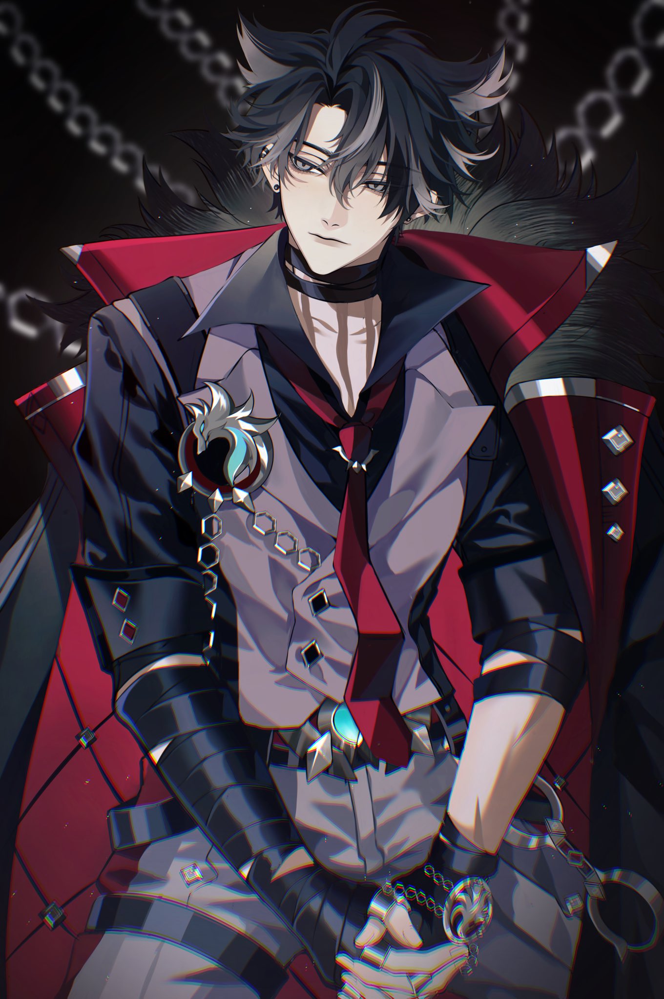 1boy black_background black_choker black_hair black_shirt chain choker closed_mouth collared_shirt cuffs expressionless facing_viewer genshin_impact grey_eyes grey_hair grey_pants grey_vest handcuffs highres looking_to_the_side male_focus necktie pants red_necktie ritsu_0409 shirt short_hair solo vest wriothesley_(genshin_impact)