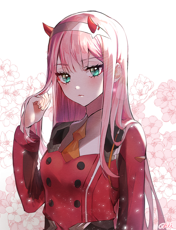 1girl berrypop breasts cherry_blossoms closed_mouth commentary darling_in_the_franxx fingernails floral_background green_eyes hair_over_shoulder hairband hand_in_own_hair hand_up heart horns light_blush long_hair long_sleeves looking_at_viewer military_uniform necktie oni_horns orange_necktie pink_hair red_horns red_uniform signature solo uniform white_background white_hairband zero_two_(darling_in_the_franxx)