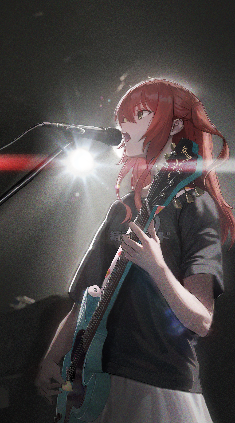 1girl black_shirt bocchi_the_rock! commentary_request electric_guitar gibson_les_paul guitar highres instrument jyugomio kessoku_band_logo kessoku_band_t-shirt kita_ikuyo long_hair microphone music open_mouth playing_guitar redhead shirt side_ponytail singing skirt stage_lights white_skirt yellow_eyes