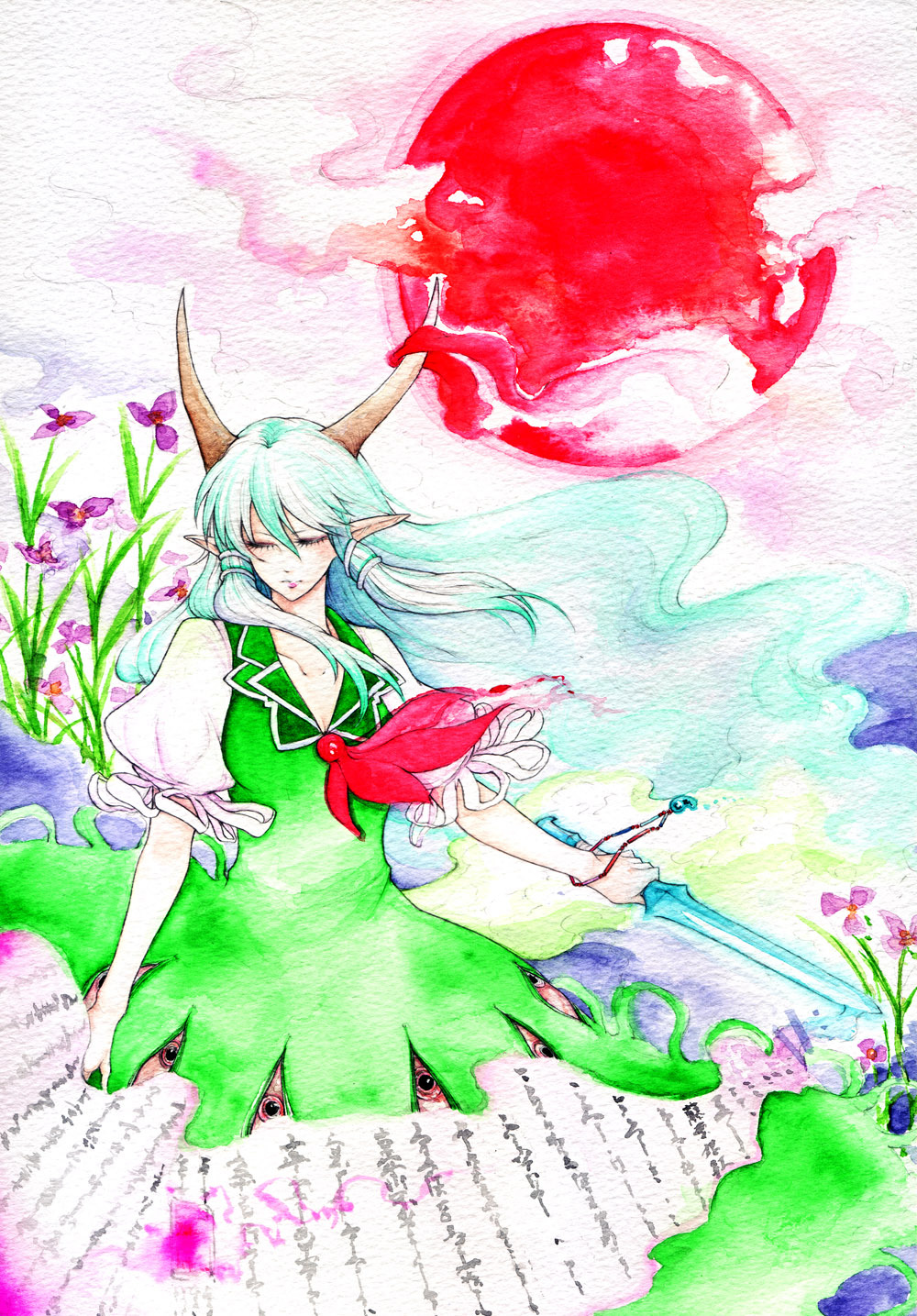 closed_eyes ex-keine flower full_moon highres horns jewelry kamishirasawa_keine lewis long_hair moon pointy_ears ribbon scroll silver_hair solo sword touhou traditional_media watercolor_(medium) weapon