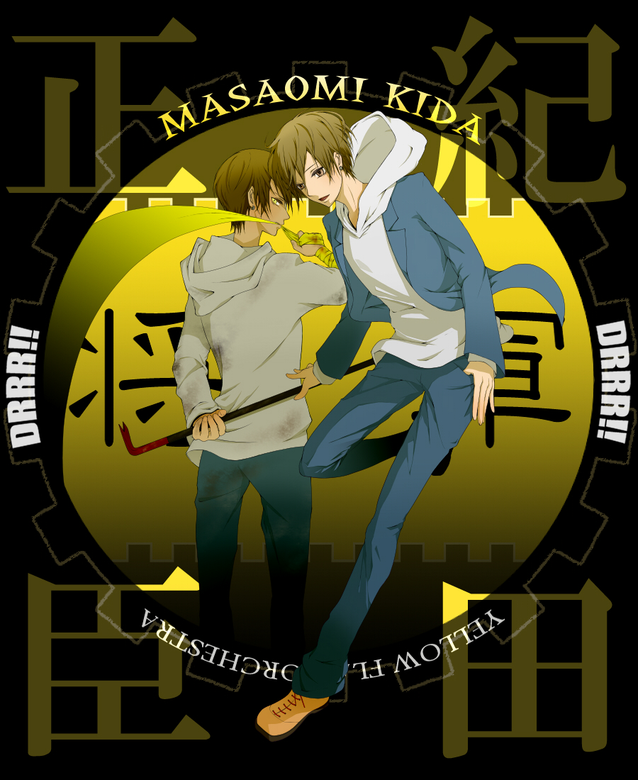 brown_eyes crowbar dual_persona durarara!! earrings gaika jewelry kida_masaomi scarf school_uniform yellow_eyes