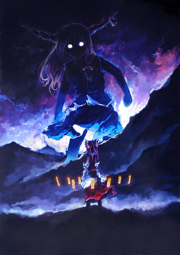 bow detached_sleeves giantess glowing glowing_eyes hair_bow hakurei_reimu horns ibuki_suika japanese_clothes miko mountain multiple_girls ofuda oni standing touhou wuliao555