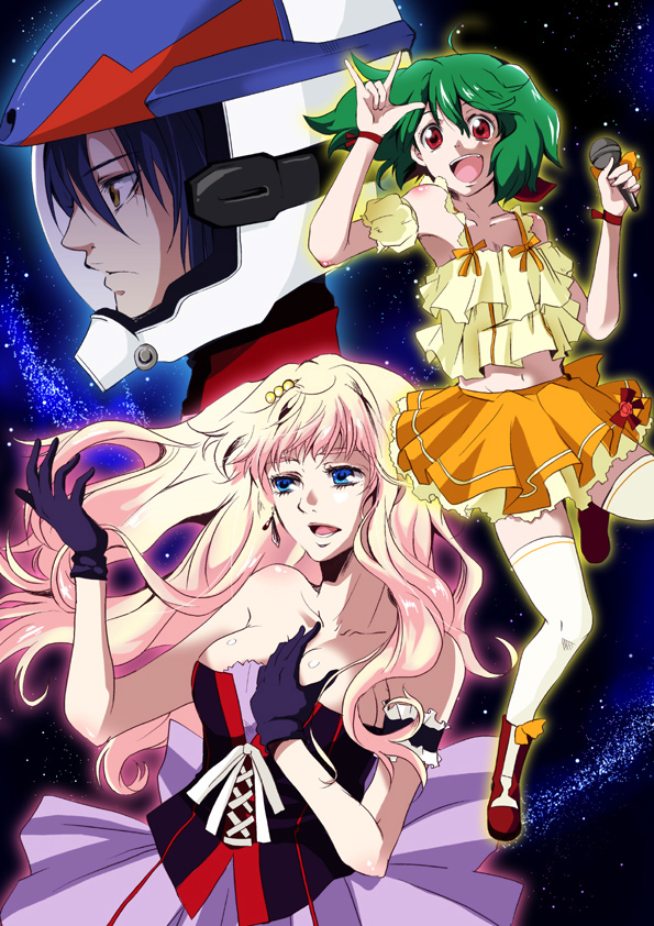 blonde_hair blue_eyes breasts brown_eyes cleavage dress earrings gen_(enji) green_hair hand_on_chest hand_on_own_chest helmet jewelry long_hair macross macross_frontier microphone navel open_mouth orange_dress pilot ranka_lee red_eyes saotome_alto sheryl_nome short_hair single_earring smile thigh-highs thighhighs