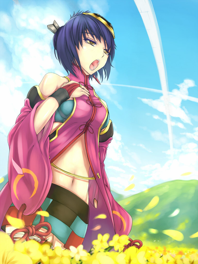 ar_tonelico_ii bad_id bandeau blue_hair bra bridal_gauntlets cloud clouds detached_sleeves flower gust hair_ornament lingerie luca_truelywaath midriff navel open_mouth petals short_hair singing skirt sky solo thigh-highs thighhighs tubetop visualcat yellow_eyes