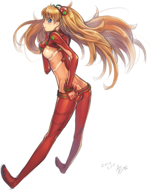 ayaki blue_eyes bodysuit brown_hair butt_crack evangelion:_2.0_you_can_(not)_advance hand_on_hip long_hair looking_back neon_genesis_evangelion plugsuit profile rebuild_of_evangelion shikinami_asuka_langley signature simple_background solo souryuu_asuka_langley test_plugsuit