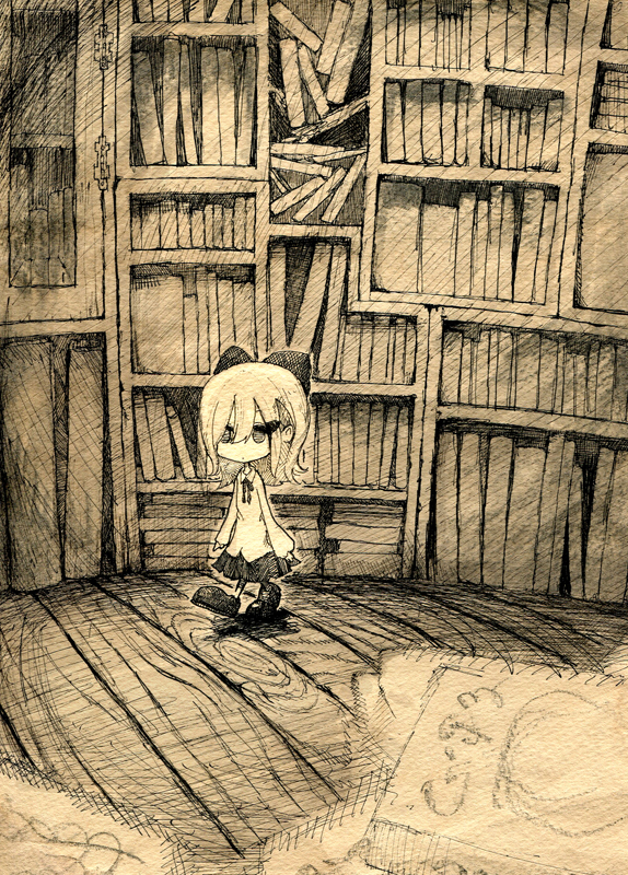 bookshelf bow cardigan chibi children's_book comic library monochrome original silent_comic skirt solo toi_(number8) traditional_media walking