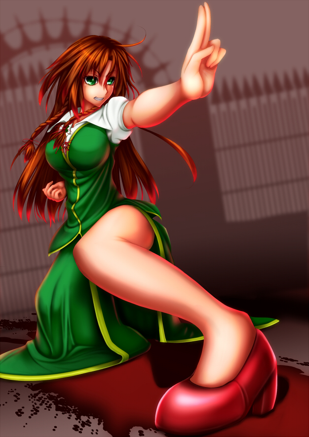 blood braid china_dress chinese_clothes ex-meiling foreshortening green_eyes hong_meiling long_hair okoti-ka red_hair solo touhou twin_braids