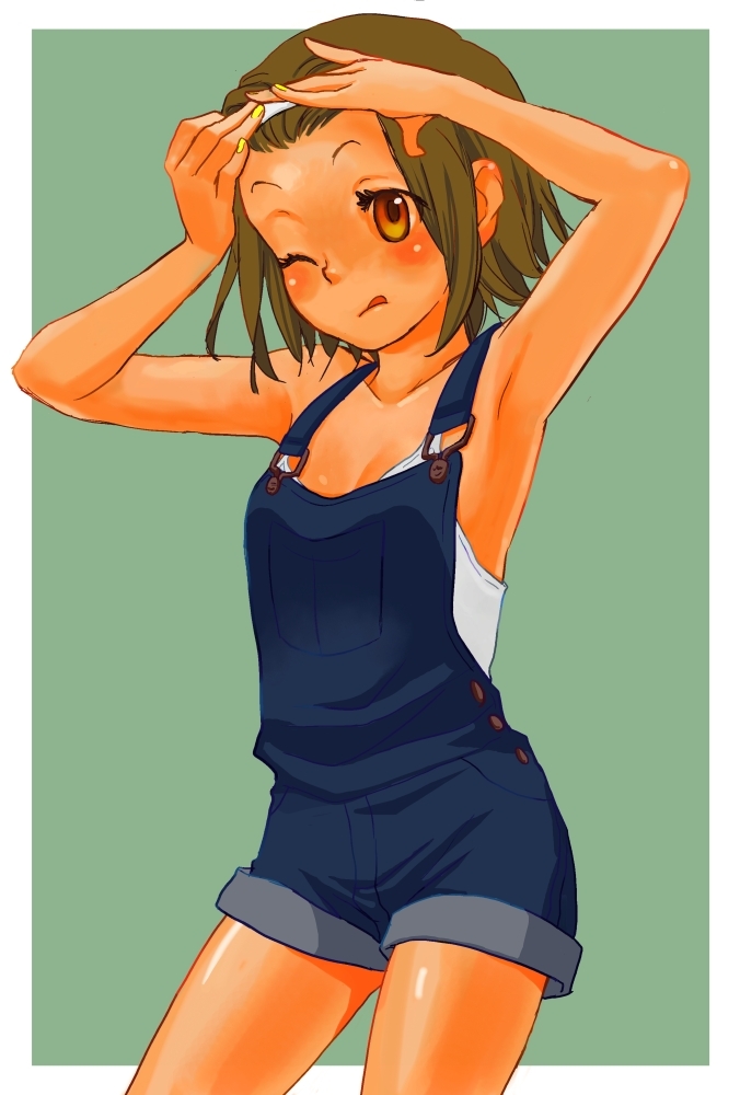 armpits brown_eyes brown_hair face flat_chest forehead hairband k-on! overalls short_hair solo tacomi tainaka_ritsu tan tongue