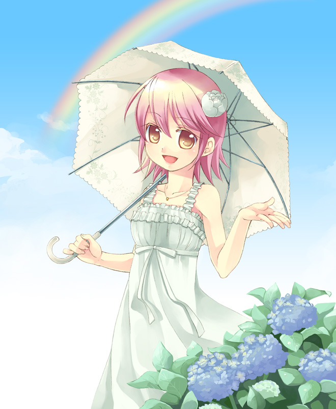 flower happy hydrangea ooe_kaede open_mouth pink_hair rainbow rockman rockman_exe sakurai_meiru short_hair solo sundress umbrella white_dress