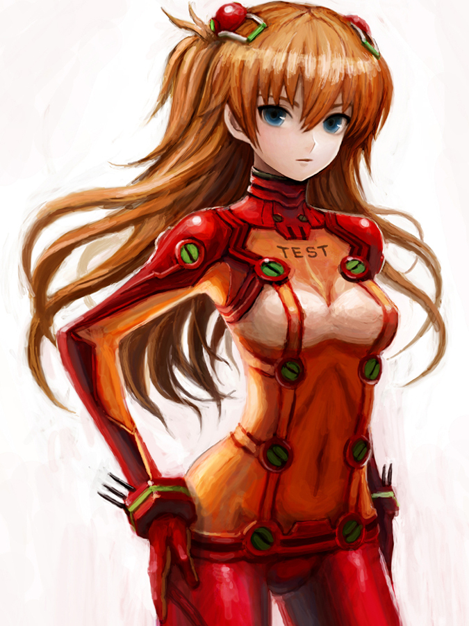 blue_eyes bodysuit brown_hair evangelion:_2.0_you_can_(not)_advance hands_on_hips hiro1984 long_hair neon_genesis_evangelion plugsuit rebuild_of_evangelion shikinami_asuka_langley simple_background solo souryuu_asuka_langley test_plugsuit