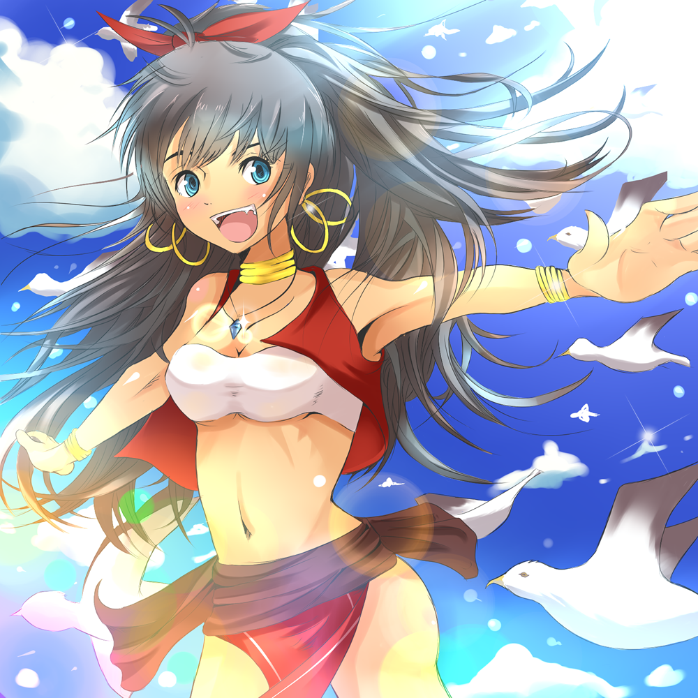 bandeau bird black_hair cosplay earrings fang fushigi_no_umi_no_nadia ganaha_hibiki green_eyes idolmaster jewelry loincloth long_hair midriff nadia nadia_(cosplay) necklace nira_(artist) nira_(vira) ponytail seagull solo taut_shirt tubetop vest