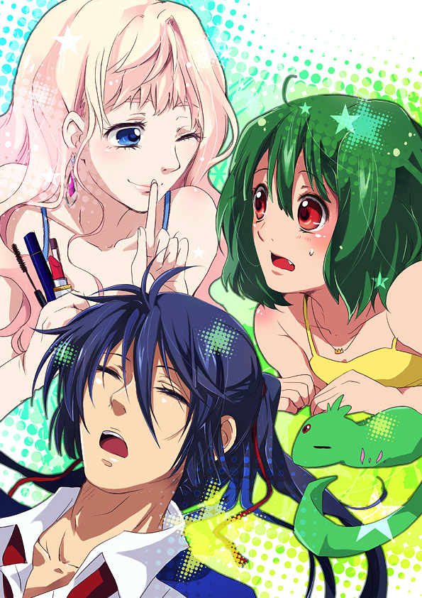 alien blonde_hair blue_eyes blush closed_eyes earrings fang finger_to_mouth gen_(enji) green_hair jewelry long_hair macross macross_frontier open_mouth ponytail ranka_lee red_eyes saotome_alto sheryl_nome short_hair single_earring sleeping smile vajra wink