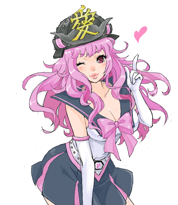 blush bow breasts cleavage elbow_gloves gloves heart helmet impossible_clothes impossible_shirt kabuto large_breasts leaning_forward lips lipstick long_hair mole onegai!_ranking onegai_pink pink_eyes pink_hair pink_lipstick pointing samurai_helmet shirt simple_background skirt solo wavy_hair wink