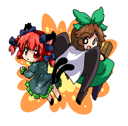 animal_ears bow braid brown_hair cape cat_ears cat_tail eromame hair_bow kaenbyou_rin lowres multiple_girls multiple_tails red_eyes red_hair redhead reiuji_utsuho tail touhou transparent_background twin_braids wings