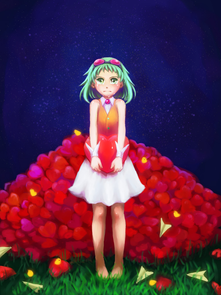 campanella_(vocaloid) chick goggles goggles_on_head green_eyes green_hair gumi heart short_hair skirt solo standing tears vocaloid youne