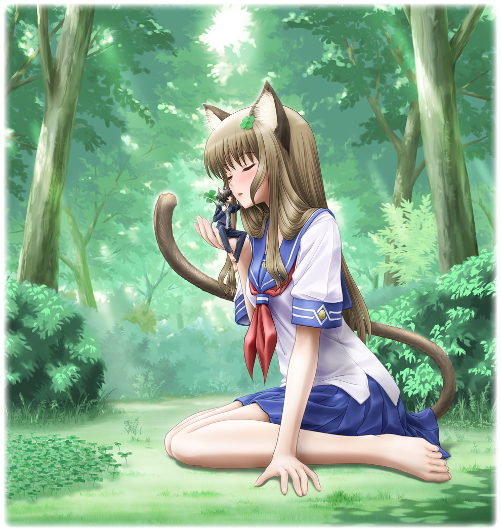 barefoot blush brown_hair cat_ears cat_tail catgirl closed_eyes clover couple eichikei_(hakuto) fading_borders feet four-leaf_clover haku_to hands height_difference incipient_kiss kiss love miniboy mouse_ears mouse_tail mouseboy original school_uniform serafuku sitting size_difference tail tree wariza