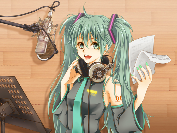 ag1eam ahoge bad_id detached_sleeves green_eyes green_hair hand_on_headphones hatsune_miku headphones headphones_around_neck long_hair microphone necktie open_mouth recording_studio sheet_music smile solo studio_microphone twintails vocaloid