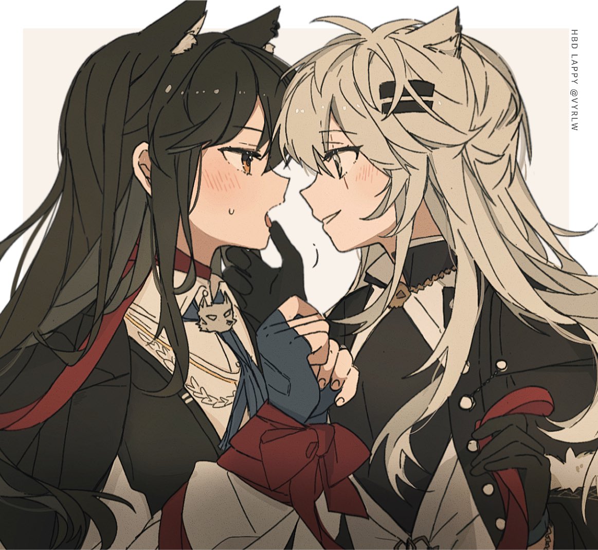 2girls animal_ear_fluff animal_ear_piercing animal_ears antenna_hair arknights artist_name black_gloves black_hair black_jacket black_shirt blue_gloves blue_necktie blush border bound brown_eyes buttons character_name collared_jacket collared_shirt collared_vest dress_shirt ear_piercing extra_ears eye_contact fingerless_gloves from_side gift_wrapping gloves grey_eyes grey_hair hair_between_eyes hair_ornament hairclip hand_on_another's_chin hands_up happy_birthday jacket jacket_on_shoulders jewelry lappland_(arknights) lappland_(refined_horrormare)_(arknights) light_blush long_hair long_sleeves looking_at_another messy_hair multicolored_clothes multicolored_gloves multiple_girls necktie official_alternate_costume open_clothes open_jacket open_mouth outside_border parted_lips pendant piercing profile red_ribbon restrained ribbon scar scar_across_eye scar_on_face sepia_background seri_(vyrlw) shirt simple_background smile standing sweatdrop teeth texas_(arknights) texas_the_omertosa_(arknights) tied_up_(nonsexual) tongue tongue_out twitter_username two-tone_gloves upper_body vest white_border white_vest wing_collar wolf_ears wolf_girl wrapped_up wrapping yuri