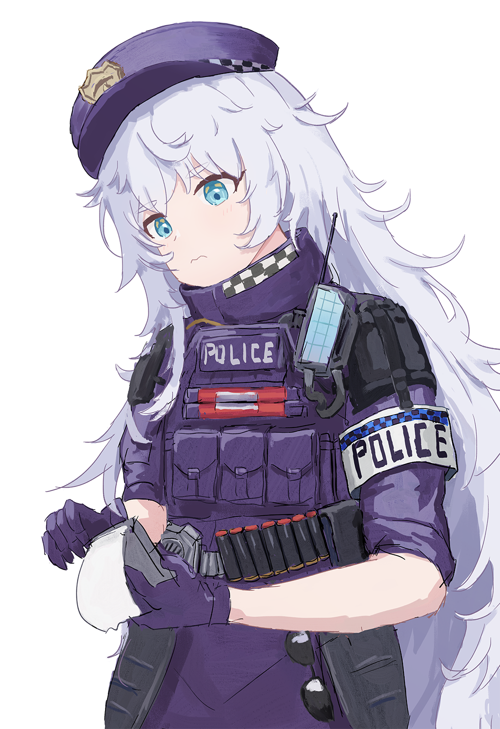 1girl armband blue_eyes blue_gloves blue_headwear closed_mouth commentary gloves goddess_of_victory:_nikke grey_hair hat herfstijl highres long_hair looking_down poli_(nikke) police police_hat police_uniform policewoman simple_background solo uniform upper_body walkie-talkie white_background