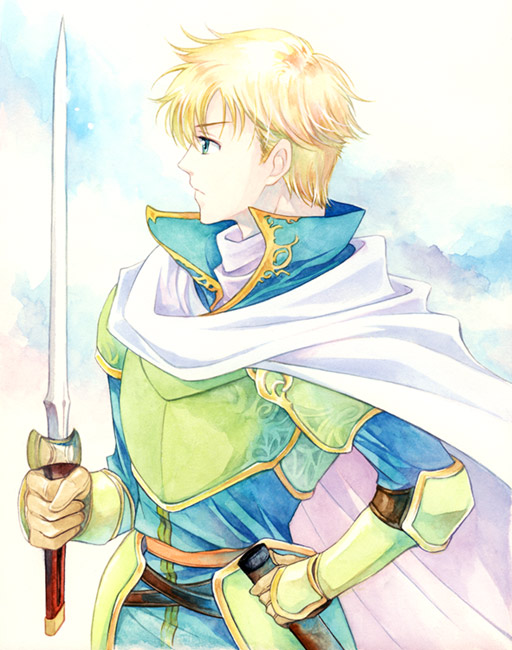 1boy agahari armor blonde_hair breastplate cape fire_emblem fire_emblem:_the_sacred_stones franz_(fire_emblem) green_armor green_eyes hand_on_own_hip holding holding_sword holding_weapon looking_to_the_side pauldrons shoulder_armor solo sword weapon white_cape