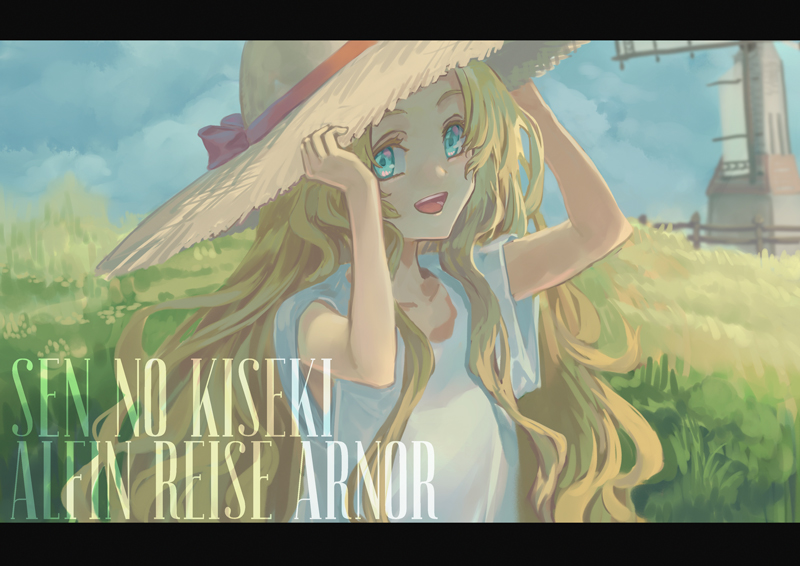 alfin_reise_arnor blonde_hair blue_eyes blue_sky character_name clouds copyright_name eiyuu_densetsu field grass hat holding holding_clothes holding_hat horizon irise_ryouji letterboxed long_hair looking_at_viewer open_mouth sen_no_kiseki shirt sky straw_hat teeth upper_teeth_only white_shirt windmill
