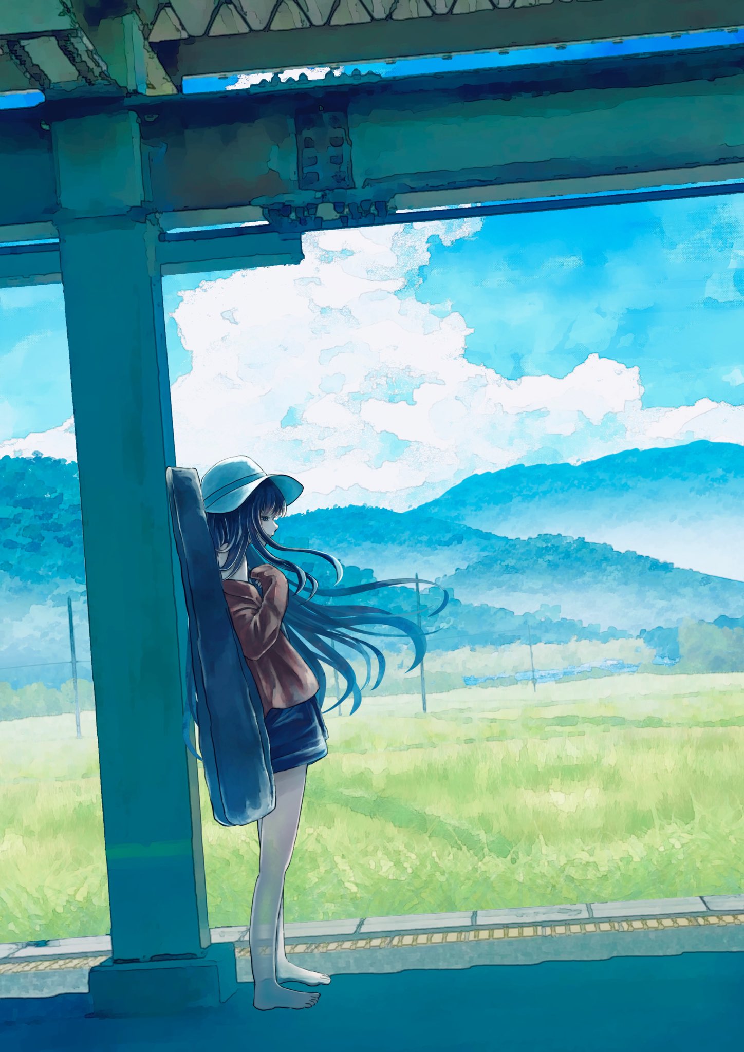 1girl barefoot black_hair black_shorts blue_sky clouds day full_body hat highres instrument_case instrument_on_back jacket kumagaya_nono long_hair mountain original outdoors red_jacket shade shorts sky sleeves_past_fingers sleeves_past_wrists solo standing sun_hat white_headwear