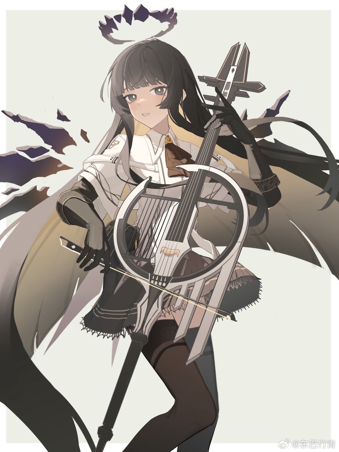 1girl antenna_hair arknights artist_name ascot backlighting belt belt_buckle black_ascot black_eyes black_gloves black_hair black_halo black_pouch black_skirt black_sleeves black_thighhighs black_wings blonde_hair blunt_bangs border bow_(music) breasts bright_pupils broken_halo buckle cello chinese_commentary chinese_text collared_jacket colored_inner_hair commentary_request dark_halo detached_wings energy_wings expressionless feet_out_of_frame from_side gloves grey_background halo hands_up highres hime_cut holding holding_bow_(music) holding_instrument holding_violin instrument jacket layered_sleeves light_blush long_hair long_sleeves looking_at_viewer looking_to_the_side miniskirt mole mole_under_eye multicolored_hair music outside_border outstretched_hand pale_skin parted_lips playing playing_instrument pleated_skirt pouch short_over_long_sleeves short_sleeved_jacket short_sleeves sidelocks simple_background skirt solo standing thigh-highs two-tone_hair very_long_hair violin virtuosa_(arknights) watermark weibo_3636610827 weibo_logo weibo_username white_belt white_border white_jacket white_pupils wide_sleeves wing_collar wings zettai_ryouiki