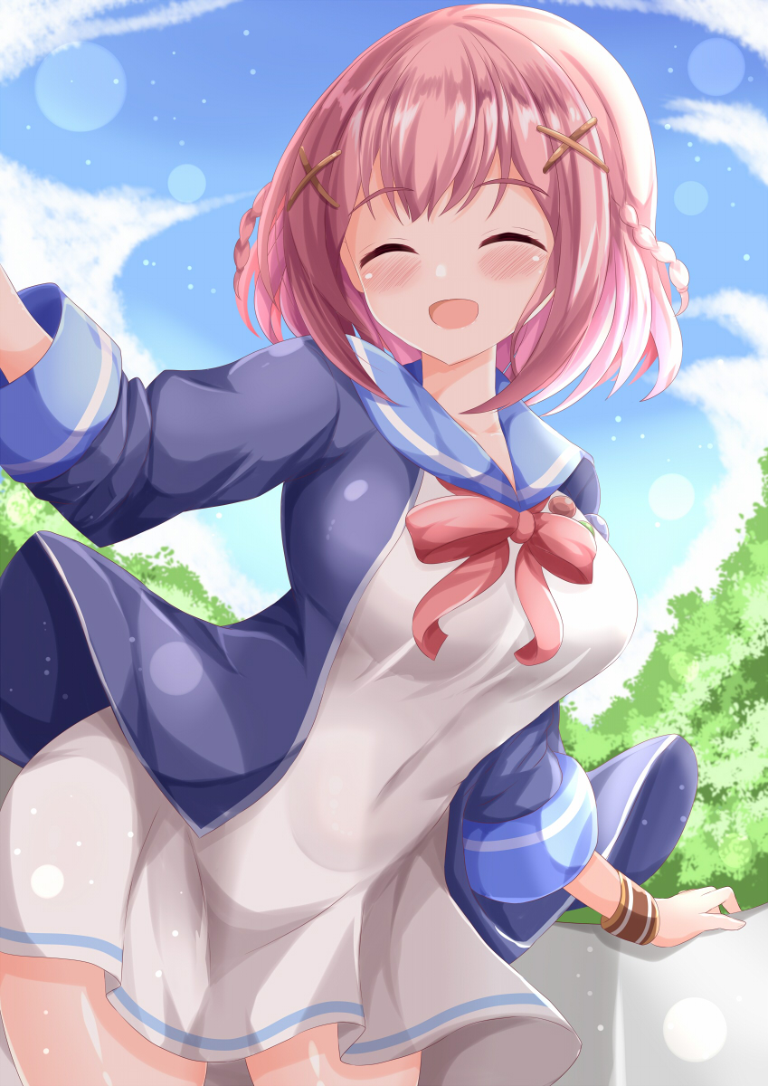 1girl :d ^_^ blue_jacket blue_sailor_collar blue_sky blush braid breasts closed_eyes clouds commentary_request covered_navel day dress facing_viewer hair_ornament hairclip highres hoshizaki_akari jacket long_sleeves medium_breasts ongeki open_clothes open_jacket outdoors pink_hair sailor_collar sailor_dress sky smile solo twin_braids white_dress x_hair_ornament xenon_(for_achieve)
