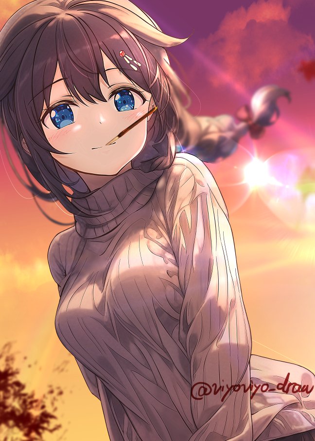 1girl ahoge alternate_costume black_hair blue_eyes blurry braid depth_of_field food gradient_sky hair_flaps hair_over_shoulder kantai_collection mouth_hold orange_sky pocky pocky_day ribbed_sweater shigure_(kancolle) single_braid sky solo sweater twitter_username viyoviyo_draw white_sweater